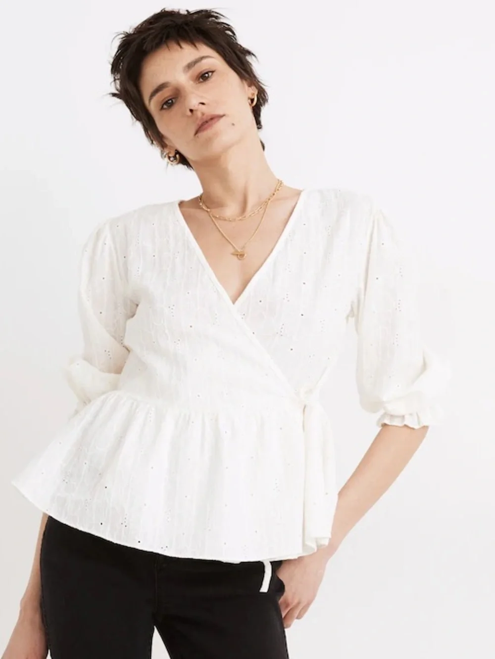 Madewell Embroidered Eyelet Puff-Sleeve Peplum Wrap size Medium